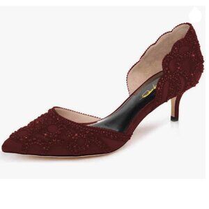 XYD Burgundy Elegant Pointed Toe D'Orsay Kitten Heel Rhinestone Studs Pumps